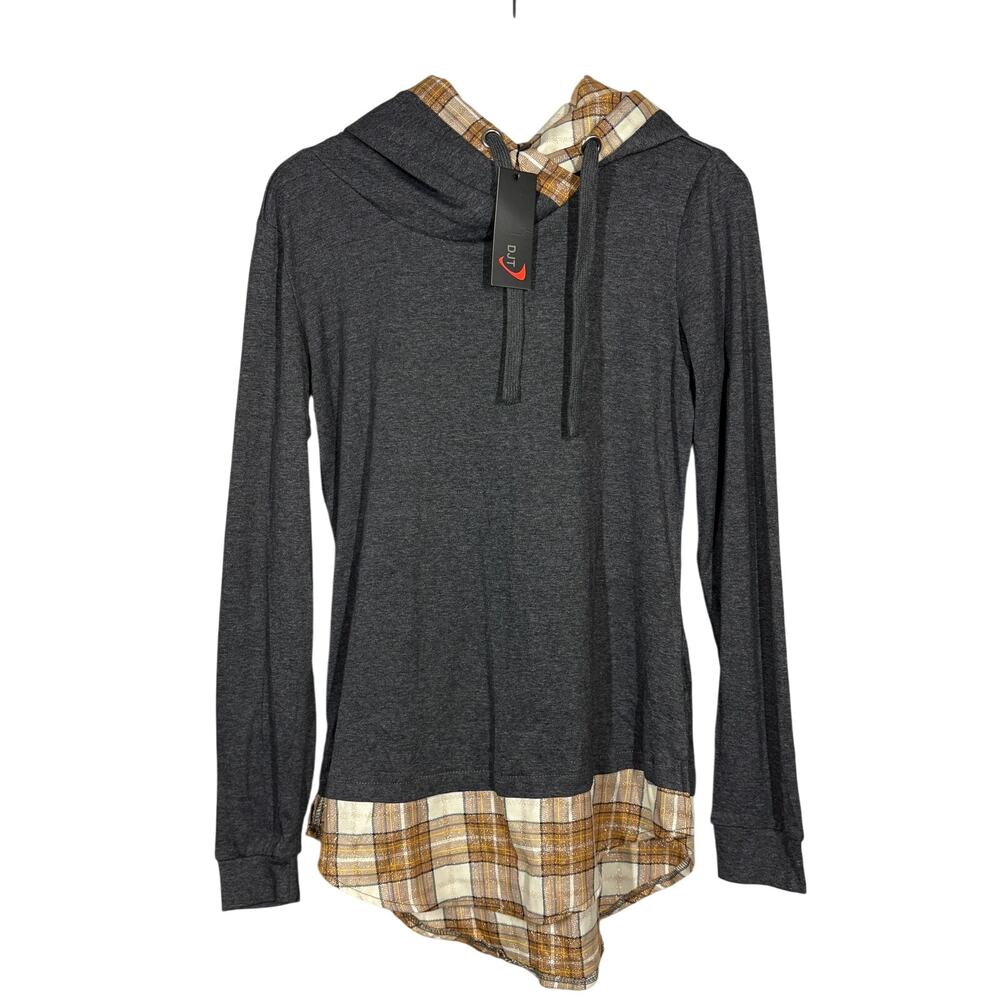 NEW! Djt Hoodie Plaid Trim Pullover Blouse Combo Gray Tan Gold Casual - 35
